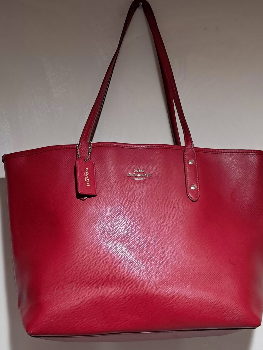 Authentic Coach Red Textured Leather Zip-Top Tote Bag
